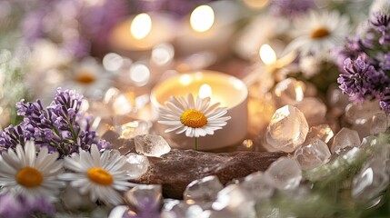 Close-up of wild daisies surrounded by smooth crystals and candlelight in tones of lavender cream and moss green