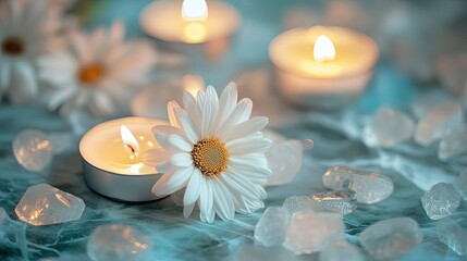 Close-up of wild daisies surrounded by smooth crystals and candlelight in tones of cool grey mint and linen white