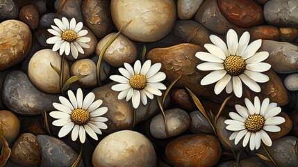 Close-up of wild daisies surrounded by sunlight and river stones in tones of earth brown sage and ivory