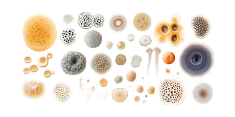 Pack Collection Microscopic Fungi Collection Diverse Species of Mold and Spores set against transparent background