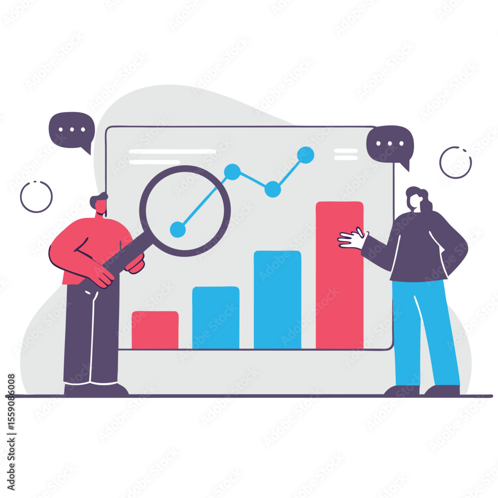 Poster two people analyzing a bar graph and line chart with a magnifying glass