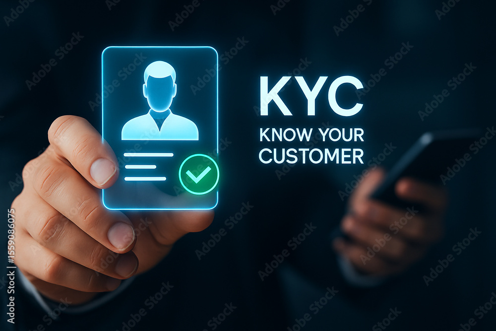Poster hand holding kyc identification card with profile icon and phone in a dark setting concept image