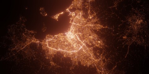 Fukuoka (Japan) night view with street lights. Aerial shot from space. top view heading north, . 3d render, Illustration