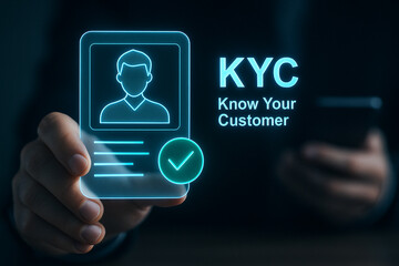 Hand holding transparent kyc card with profile and checkmark in a digital verification concept view
