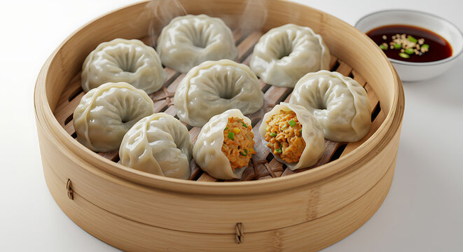 Steamed mandu (Korean dumplings) arranged in a bamboo steamer basket, with dipping sauce on the side, isolated PNG.