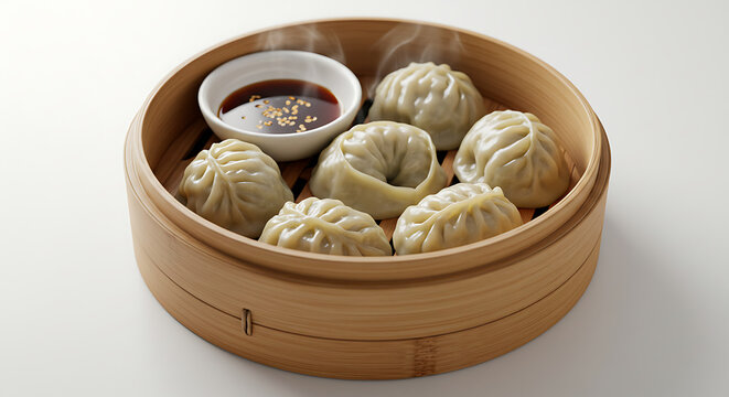 Steamed mandu (Korean dumplings) arranged in a bamboo steamer basket, with dipping sauce on the side, isolated PNG.