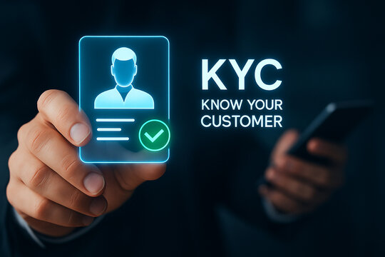 Hand holding kyc identification card with profile icon and phone in a dark setting concept image - Powered by Adobe