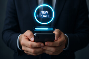 Man in suit holding smartphone with new update notification and loading bar graphic overlayed