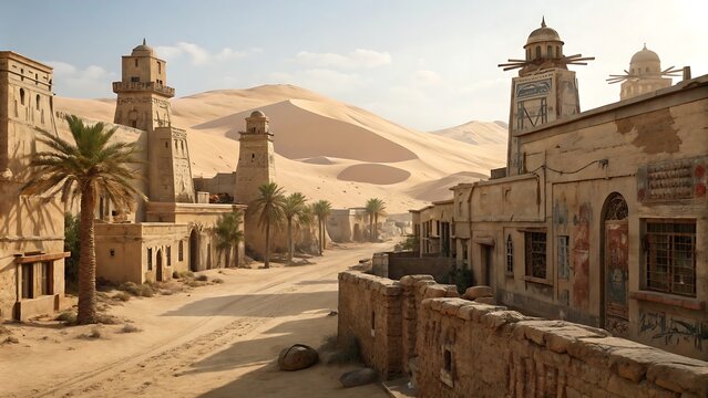 Photorealistic Desert Cityscape Ancient Sandstone Architecture in Arid Landscape