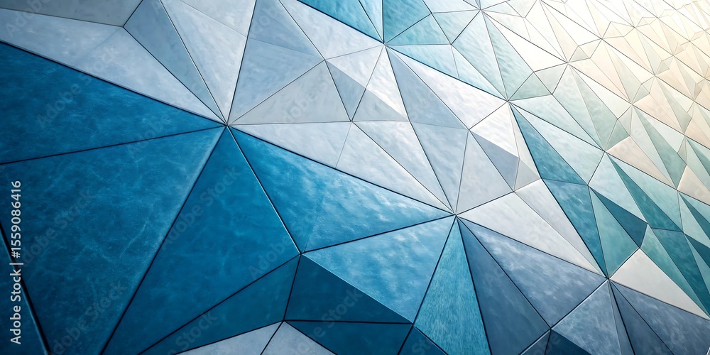 Poster modern architectural facade featuring a geometric pattern of blue and white triangular panels with s