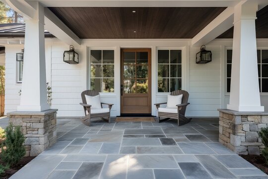 Welcoming front porch features rocking chairs, bluestone pavers, and a charming wooden door