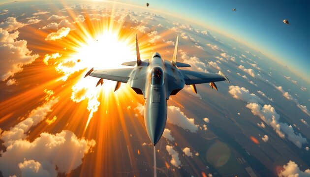 Soaring Above the Clouds: An aerial view of a fighter jet gracefully navigating through a sea of fluffy clouds, with the radiant sun as its backdrop, a symbol of speed, technology, and adventure.