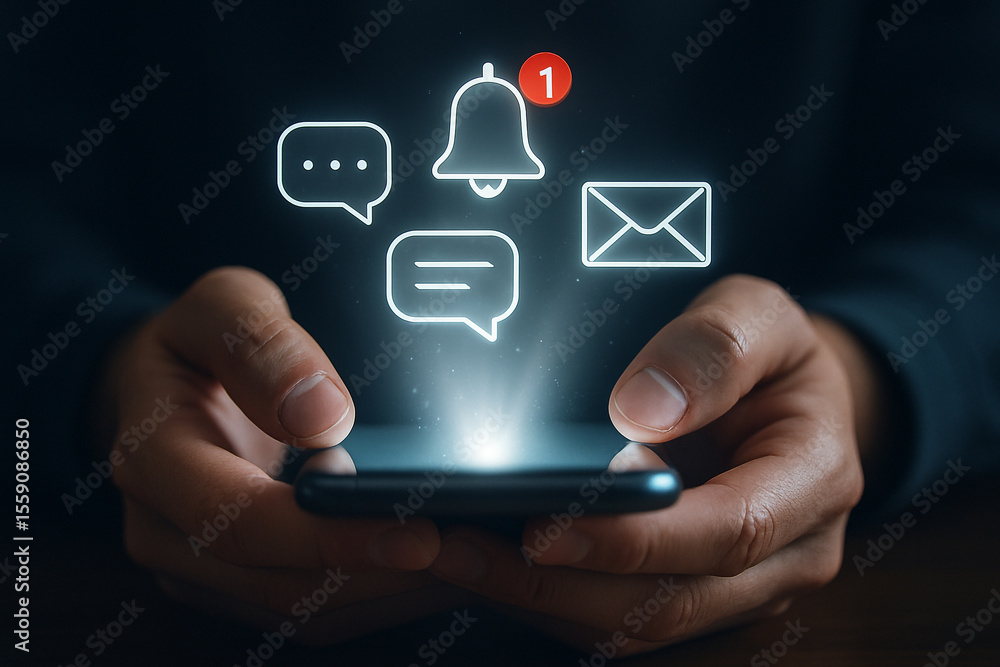Poster hands holding a phone displaying notification icons for messages and alerts glowing brightly