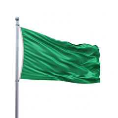 Green Flag Blowing in Wind on Pole Isolated on White Background 3D Rendering