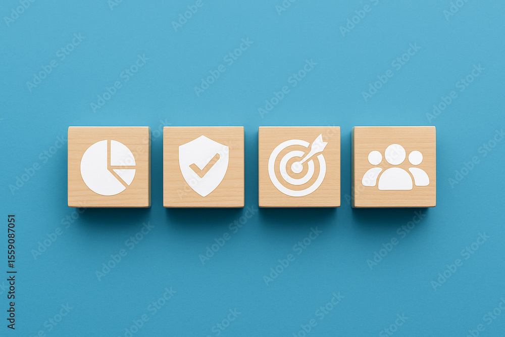 Poster four wooden blocks displaying business icons against a blue background in a horizontal row view