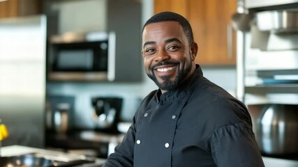 Confident chef smiling while standing in a modern kitchen. Ideal for cooking shows or commercials. Close-up of smiling African American chef in black uniform. Professionalism and hospitality.