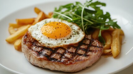 Gammon steak with fried egg and chips plated simply on white.