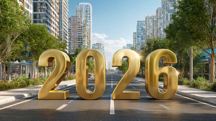 3D golden technological number "2026" on the the road, realistic style. on city background: modern buildings and green trees, blue sky, 3d illustration.