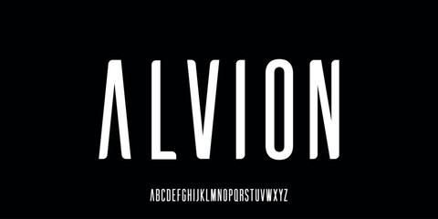Vector illustration of tall sans-serif style alphabet font with minimalist art-deco touch. Suitable for movie title, poster design, fashion, logo design.