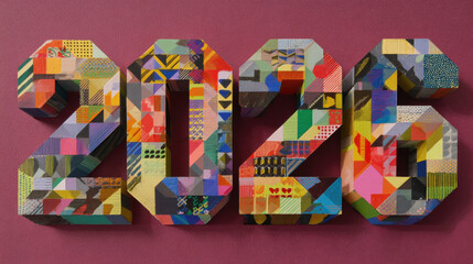 the Number "2026", cut paper craft, style of deconstructivism cubism. New Years 2026. Festive lettering design. 3d illustration. on black background.