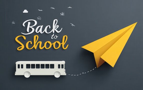 back to school chalkboard banner with paper plane and school bus vector