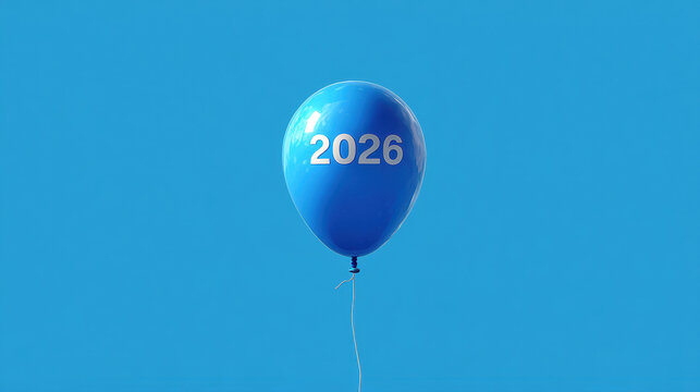 the balloon number "2026" on blue background in the air. New Years 2026. Festive lettering design.