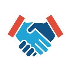 Building trust and partnership through a handshake graphic in bold blue and red for corporate and