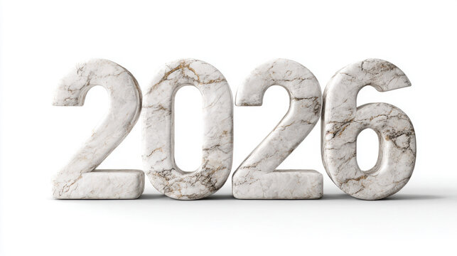 The letter "2026" is made of marble, with a simple and elegant style, on white background. 3d illustration. New Years 2026. Festive lettering design.