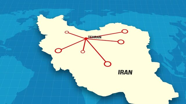 looping animation of the 3d terrain map of Iran with the capital and the biggest cites in 4K resolution