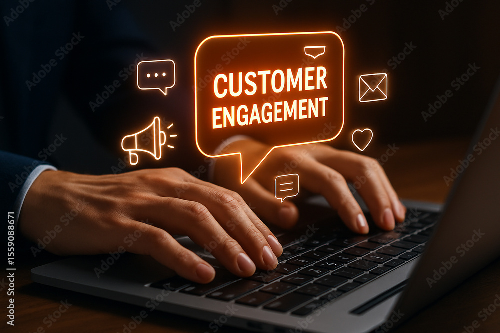 Poster hands typing on laptop with customer engagement icons floating above the keyboard in a dark setting