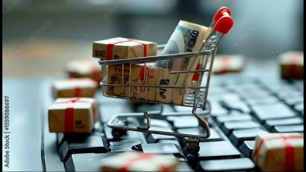 Aufkleber miniature shopping cart full of boxes and currency on a computer keyboard