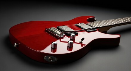 A vibrant red electric guitar with a glossy finish and chrome hardware, captured with an angled perspective on a dark background, highlighting its sleek design.