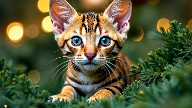 Bengal kitten relaxing on christmas tree branches with bokeh lights