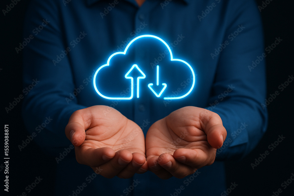 Poster person holding a glowing cloud icon with upload and download arrows in their open hands in dark sett