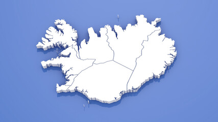 3D Render of Iceland Map with State Borders on Blue Background.