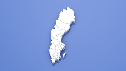 3D Render of Sweden Map with State Borders on Blue Background.