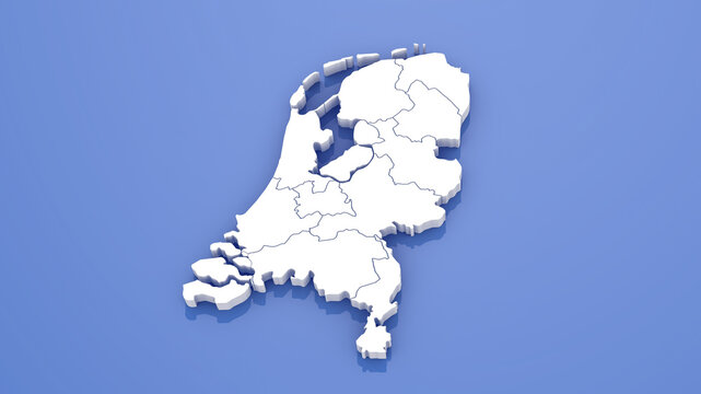 3D Render of Netherlands Map with State Borders on Blue Background.