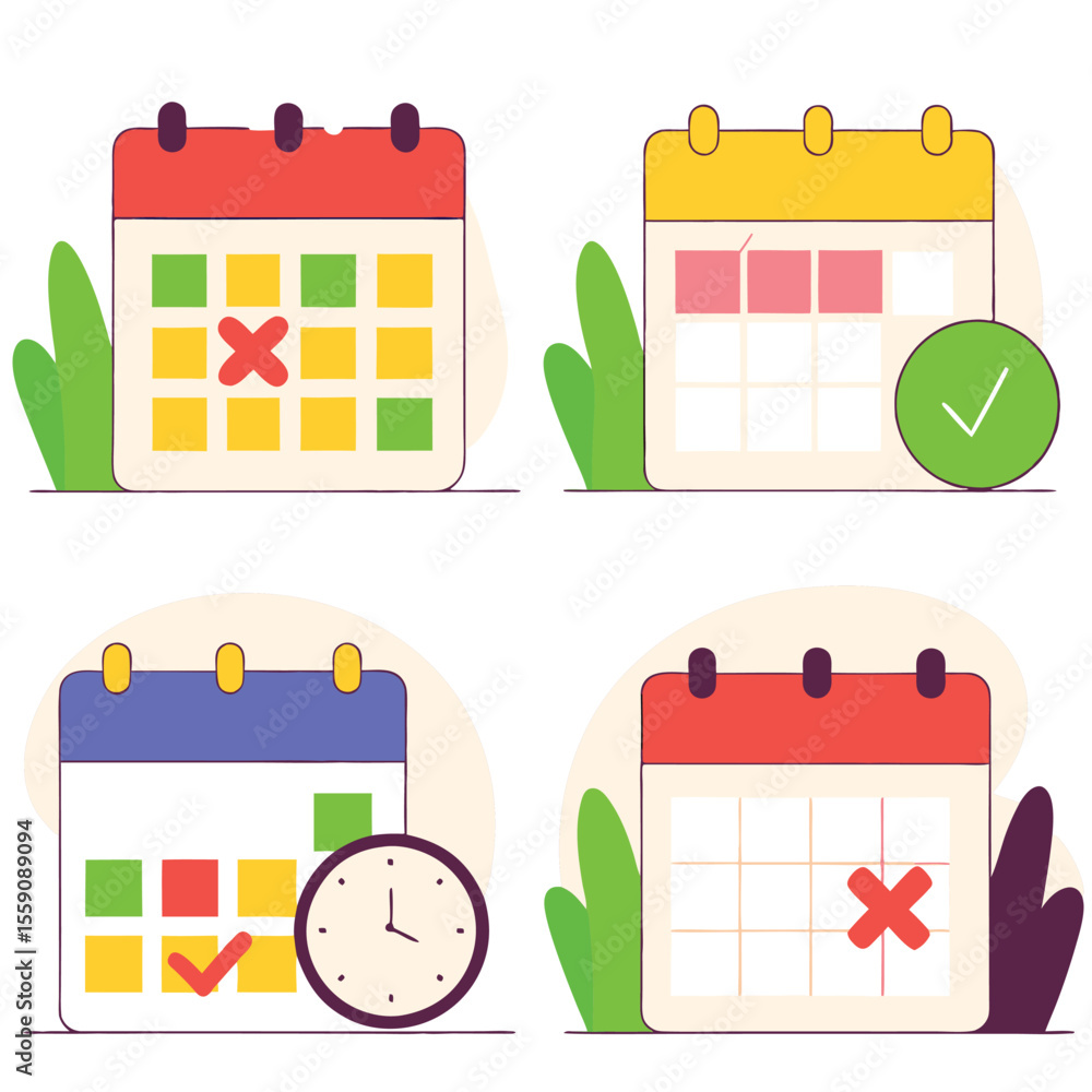 Poster set of four flat design calendars with different scheduling icons and a clock