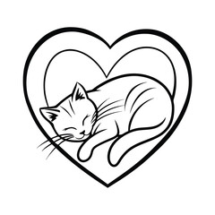 international cat day curled cat silhouette in heart frame vector illustration