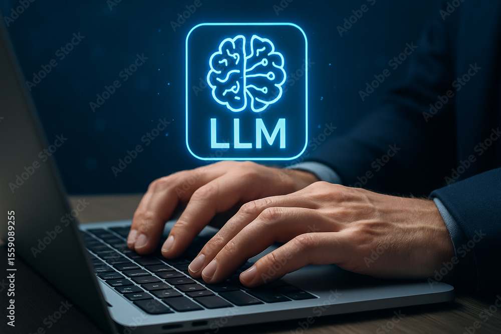 Poster person typing on a laptop with a glowing llm brain icon displayed on the screen in a dark room setup