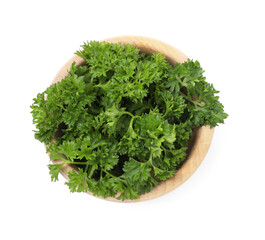Fresh parsley in bowl isolated on white, top view