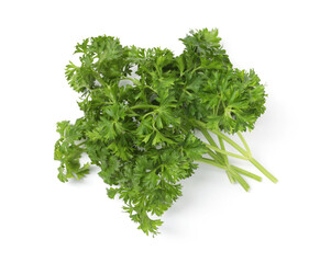 Fresh curly parsley sprigs isolated on white, top view