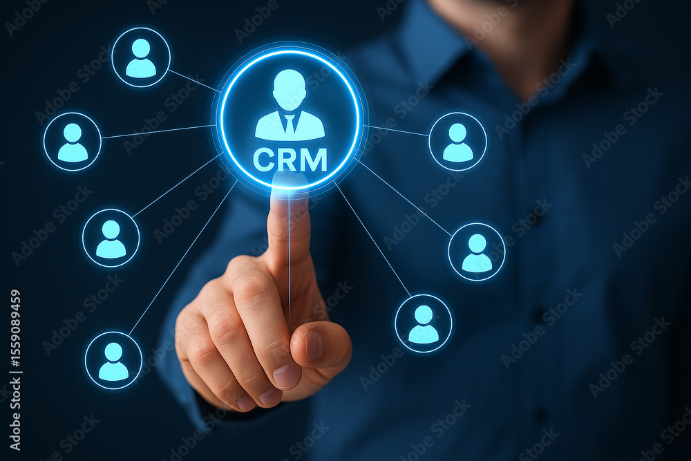 Aufkleber person touching a crm interface with glowing icons representing customers and network connections on