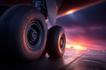 Dramatische Aufnahme eines Flugzeug-Fahrwerks bei der Landung mit Sonnenuntergang im Hintergrund