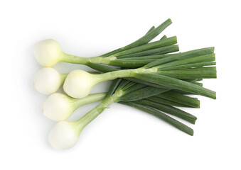 Fresh ripe green onions isolated on white, top view