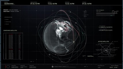 Computer Interface For Global Planet Analysis. High Tech Computer Using Satellites For Planet Analysis. Computer Gathering Intelligence On Canada Territory During Planet Analysis. Scanner. Animation - Powered by Adobe