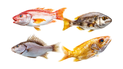 Pack Collection Four Vibrant Fish Species A CloseUp View of Diverse Marine Life set against transparent background