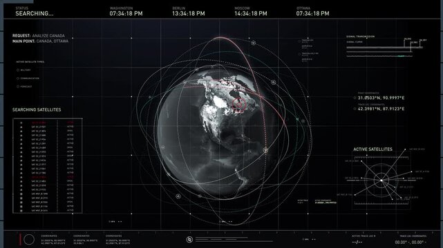 Computer Interface For Global Planet Analysis. High Tech Computer Using Satellites For Planet Analysis. Computer Gathering Intelligence On Canada Territory During Planet Analysis. Scanner. Animation - Powered by Adobe