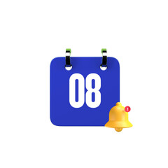 Flat 3D Blue Calendar Icon with Notification Bell – Date Reminder Vector