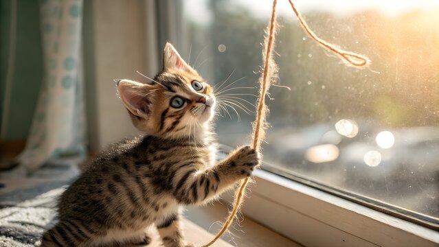 A playful bengal kitten with bright blue eyes sits on a windowsill, batting at a piece of string in the sunlight